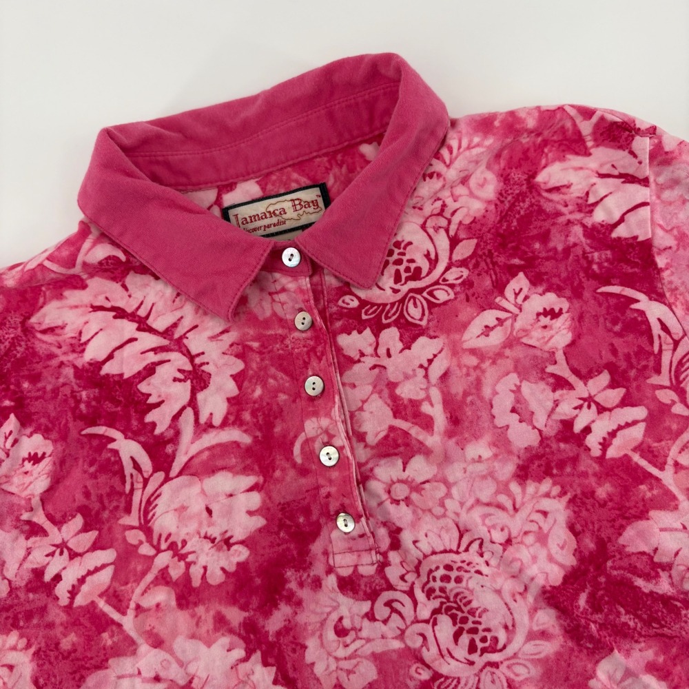 Jamaica Bay Womens Pink Floral Print Short Sleeve‎ Polo Shirt Top L G
